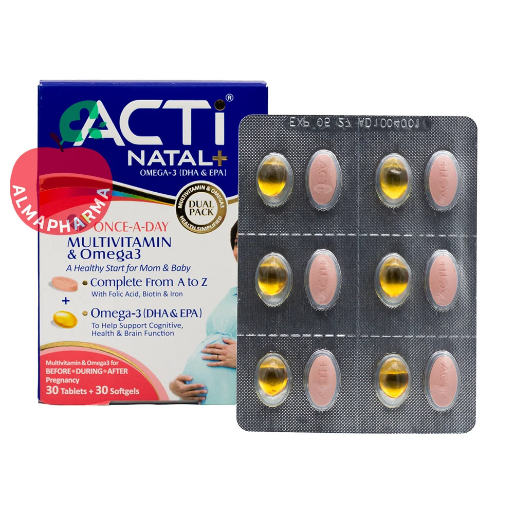 Acti-Natal-Plus-Multivitamin-30-Tablets-and-30-Softgels-(3)-almapharma نمای جلویی قرص و سافت ژل اکتی ناتال پلاس امگا 3 ابیان دارو 60 عددی، مکمل بارداری و شیردهی