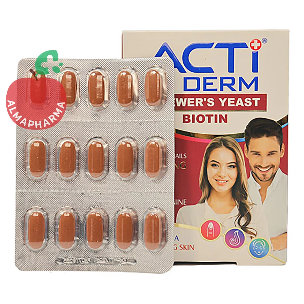 Actiderm-Tablets-almapharma نمای جلویی قرص اکتی درم ابیان دارو 30 عددی مکمل پوست مو و ناخن