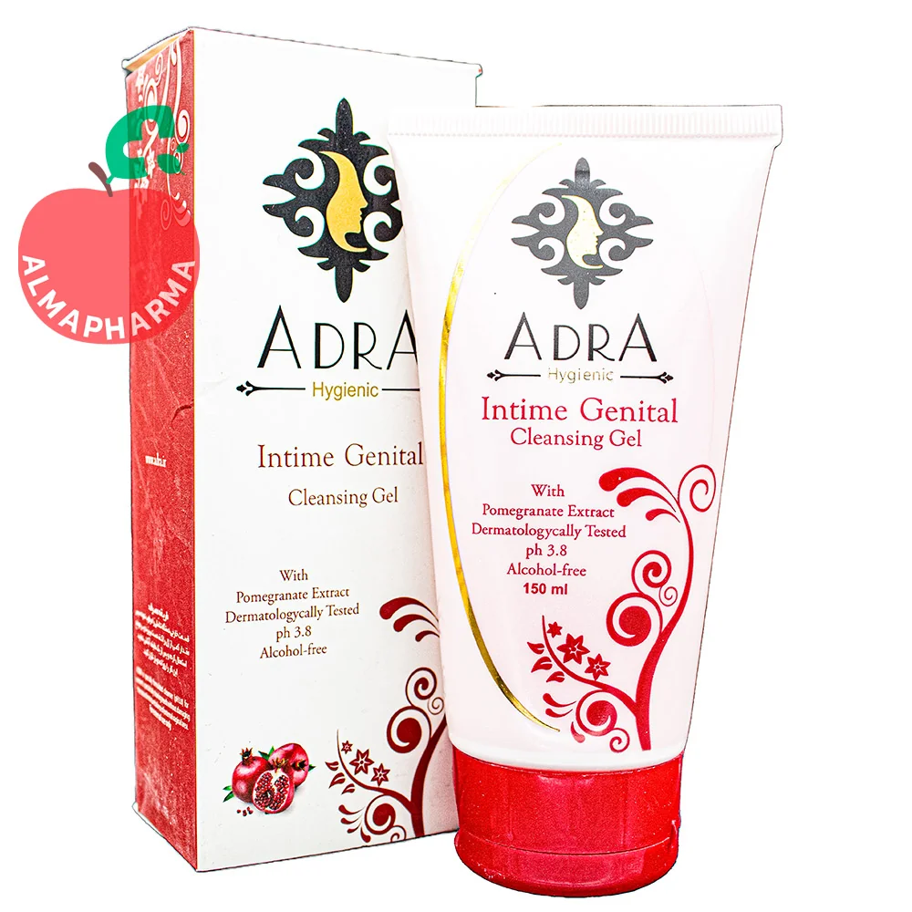 Adra-Feminine-Hygiene-Gel-almapharma نمای جلویی ژل بهداشتی بانوان آدرا حاوی انار 300 میلی لیتر برای شستشوی ناحیه خارجی ژنیتال