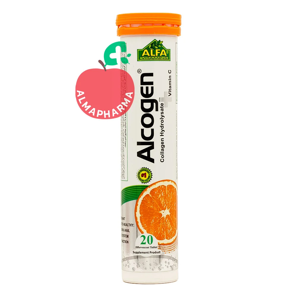 Alcogen-Effervescent-Tablets-almapharma نمای جلویی قرص جوشان آلکوژن آلفا ویتامینز 20 عددی حاوی کلاژن هیدرولیزات و ویتامین C