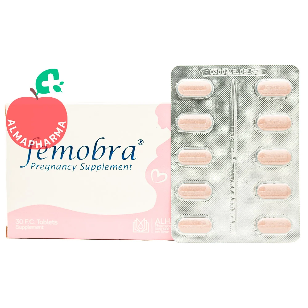 Alhavi-Femobra-Coated-Tablets-30-Pcs-almapharma نمای جلویی قرص روکش دار فموبرا الحاوی 30 عددی، مکمل بارداری حاوی فولات فعال و ید