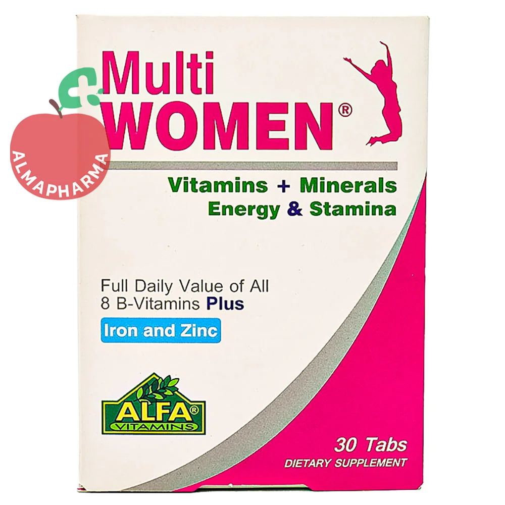 Alpha-Vitamins-Multi-Woman-Tablets-(2)-almapharma نمای جلویی قرص مولتی وومن آلفا ویتامینز، مکمل مولتی ویتامین مینرال تخصصی بانوان