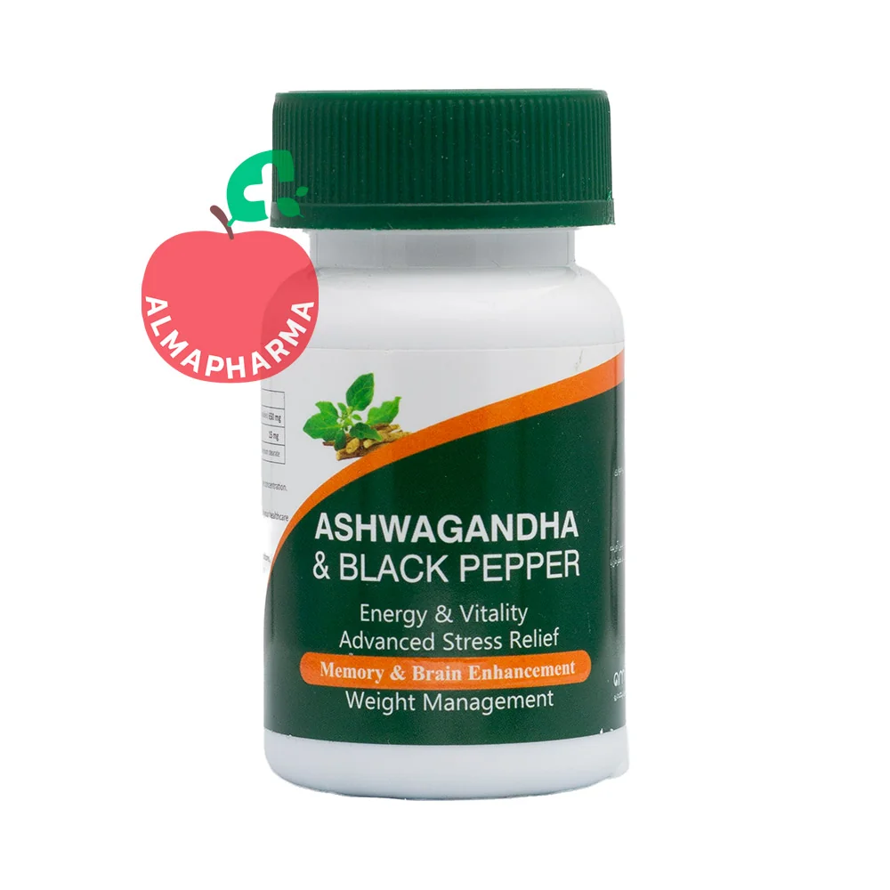 Amitis-Nik-Darou-Ashwagandha-and-Black-Pepper-Capsules-almapharma نمای جلویی کپسول آشواگاندا و فلفل سیاه آمیتیس نیک دارو 60 عددی برای کاهش استرس و حمایت از انرژی بدن