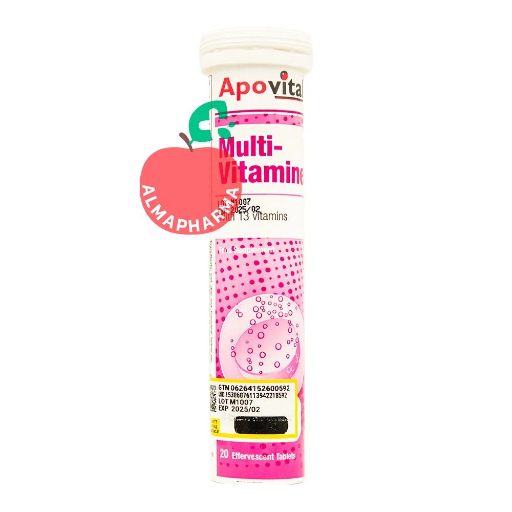 Apovital-Multivitamin-Effervescent-Tablets-20-Pcs-almapharma نمای جلویی قرص جوشان مولتی ویتامین آپوویتال 20 عددی با طعم پرتقال برای تامین ویتامین های روزانه