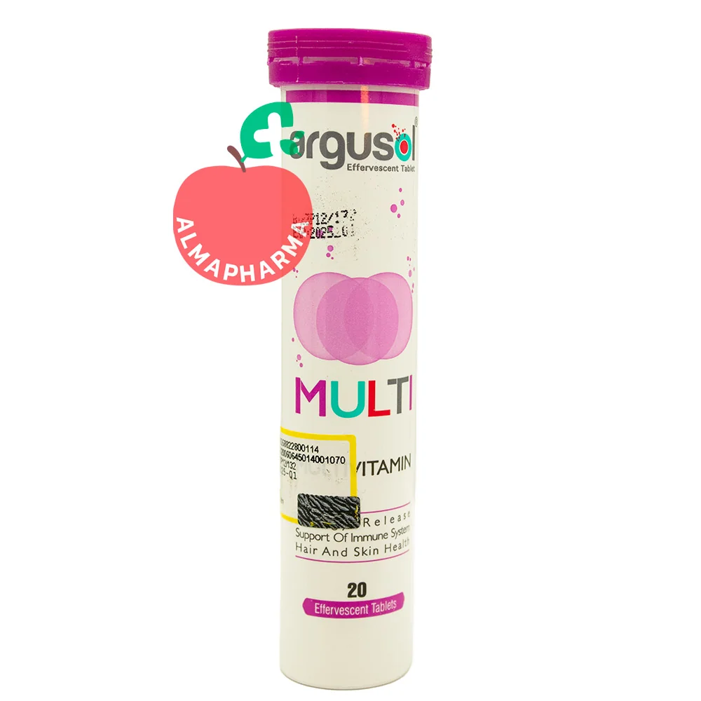 Argusol-Multivitamin-Effervescent-Tablets-(2)-almapharma نمای جلویی قرص جوشان مولتی ویتامین آرگوسول 20 عددی فاقد آهن برای تامین ویتامین های روزانه