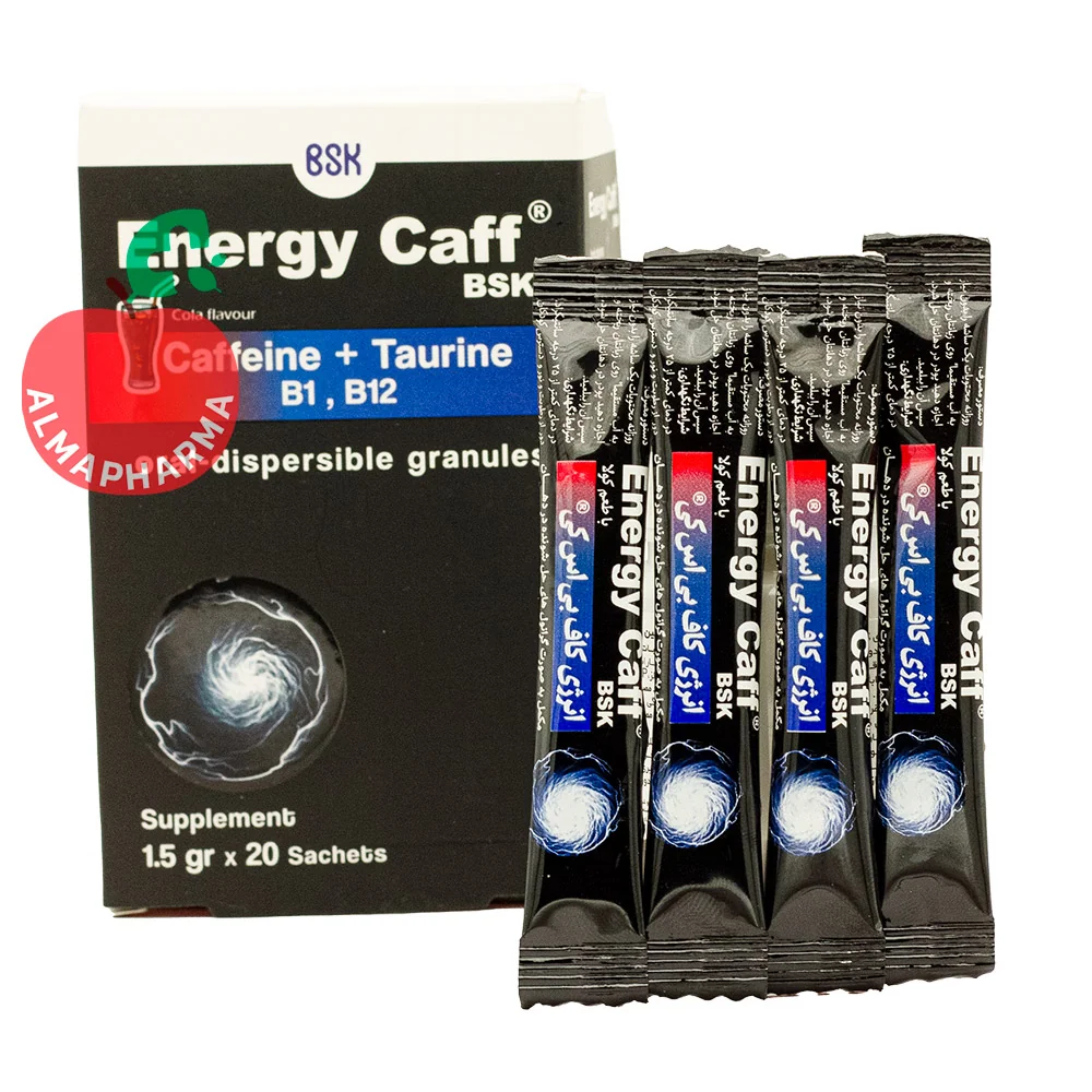 BSK-Energy-Caf-Sachets-20-Pcs-almapharma نمای جلویی پودر انرژی کاف بی اس کی 20 ساشه حاوی کافئین، تائورین، ویتامین B1 و B12