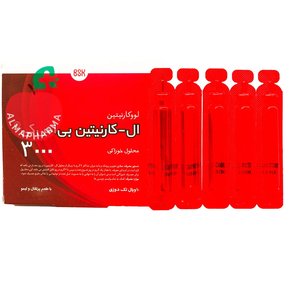 BSK-Liquid-L-Carnitine-3000-Oral-Vials-10-Pcs-almapharma نمای جلویی ویال خوراکی ال کارنیتین 3000 بی اس کی 10 عددی با طعم پرتقال لیمو