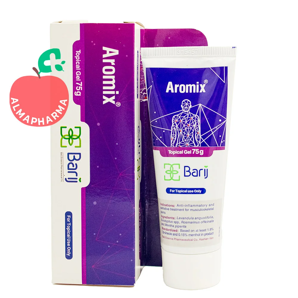 Barij-Essence-Aromix-Topical-Gel-75-g-almapharma نمای جلویی ژل آرومیکس باریج اسانس حاوی لاواند، اکالیپتوس، رزماری و نعنا فلفلی برای دردهای عضلانی اسکلتی