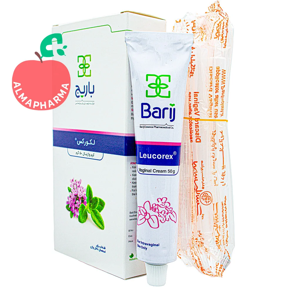 Barij-Essence- Leucorex -Tablets-almapharma نمای جلویی کرم واژینال لکورکس باریج اسانس حاوی اسانس آویشن شیرازی برای عفونت واژن