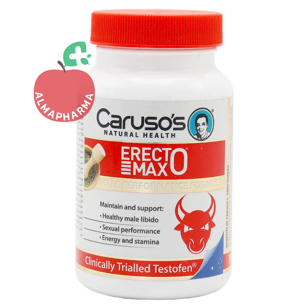 Carusos-Erectomax-Tablets-almapharma نمای جلویی قرص ارکتومکس کاروسوس نچرال هلث 30 عددی برای تقویت قوای جنسی آقایان