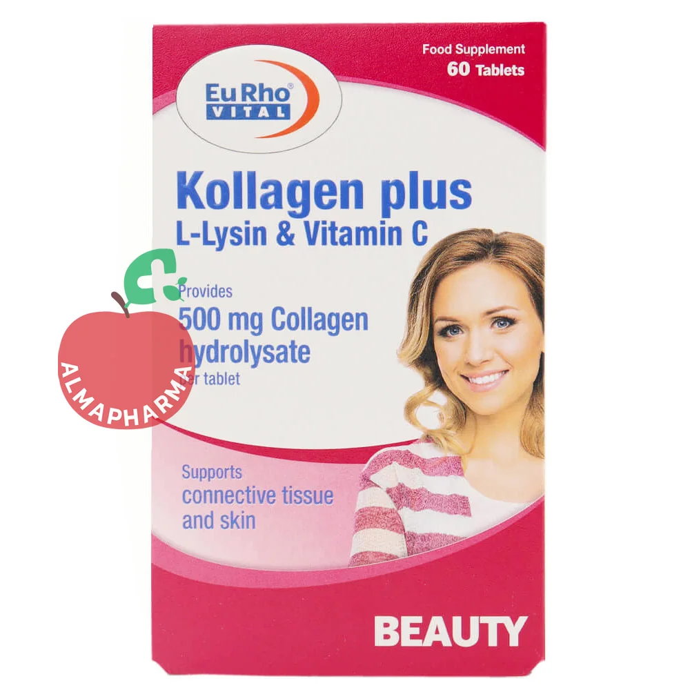 Collagen-Plus-L-Lysine-Capsules-almapharma نمای جلویی قرص کلاژن پلاس ال لیزین و ویتامین C یوروویتال 60 عددی برای حفظ سلامت و کشسانی پوست