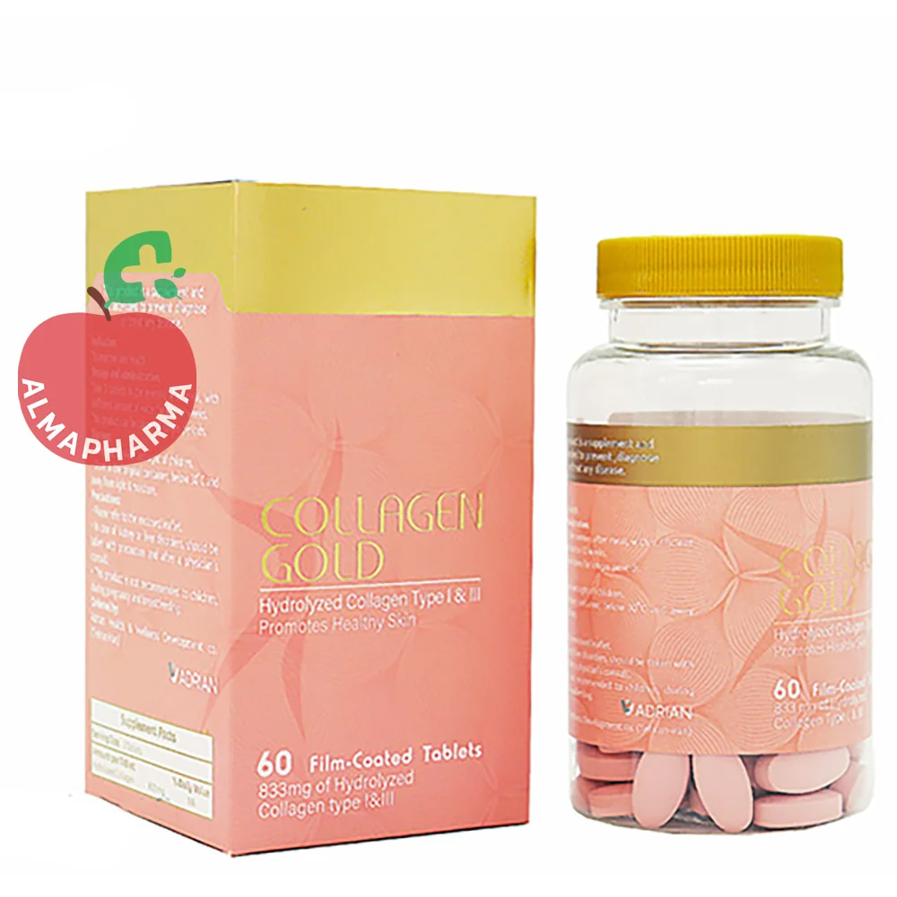 Collagen-Gold-tablets-(2)-almapharma نمای جلویی قرص کلاژن گلد آدریان ۶۰ عددی