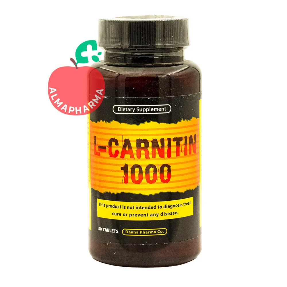 Dana-L-Carnitine-1000-mg-Tablets-50-Pcs-almapharma نمای جلویی قرص ال کارنیتین 1000 میلی گرم دانا 50 عددی برای کمک به متابولیسم چربی و انرژی ورزشی