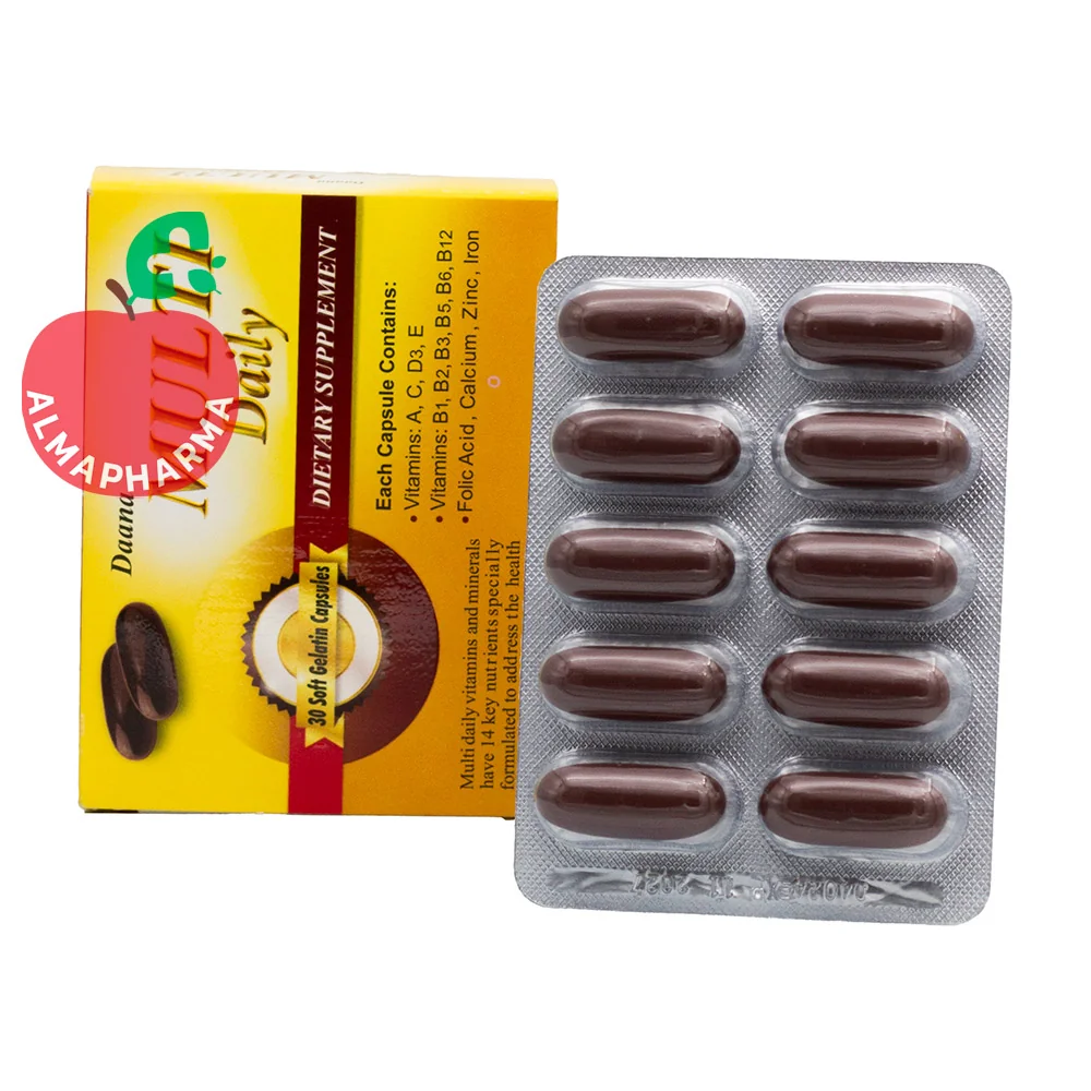 Dana-Multi-Daily-30-Caps-(2)-almapharma نمای جلویی کپسول مولتی دیلی دانا 30 عددی حاوی 14 ویتامین و ماده معدنی ضروری