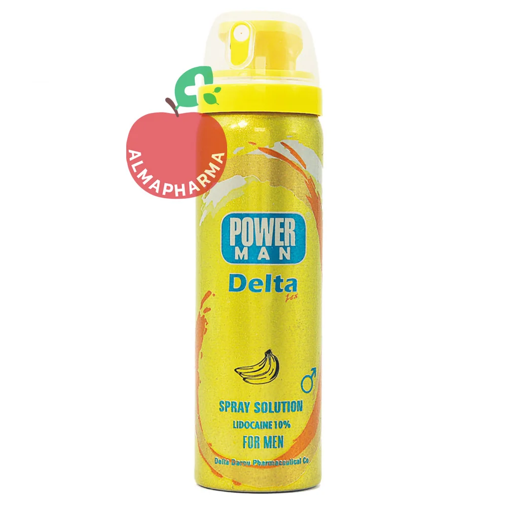Delta-Powerman-Banana-Delay-Spray-almapharma نمای جلویی اسپری تاخیری موزی پاورمن دلتا زکس حاوی لیدوکائین 10 درصد مخصوص آقایان