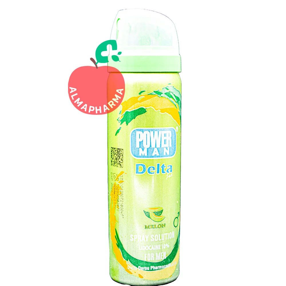 Delta-Powerman-Melon-Delay-Spray-almapharma نمای جلویی اسپری تاخیری طالبی پاورمن دلتازکس 65 میلی لیتر حاوی لیدوکائین 10 درصد مخصوص آقایان