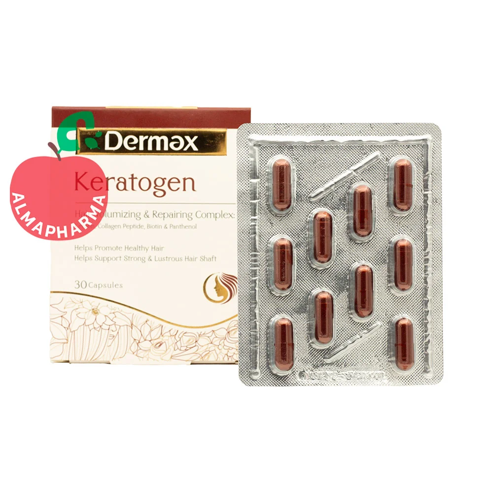 Dermax-Keratogen-Capsules-almapharma نمای جلویی کپسول کراتوژن درمکس 30 عددی حاوی کراتین، پپتید کلاژن، بیوتین و زینک برای سلامت مو