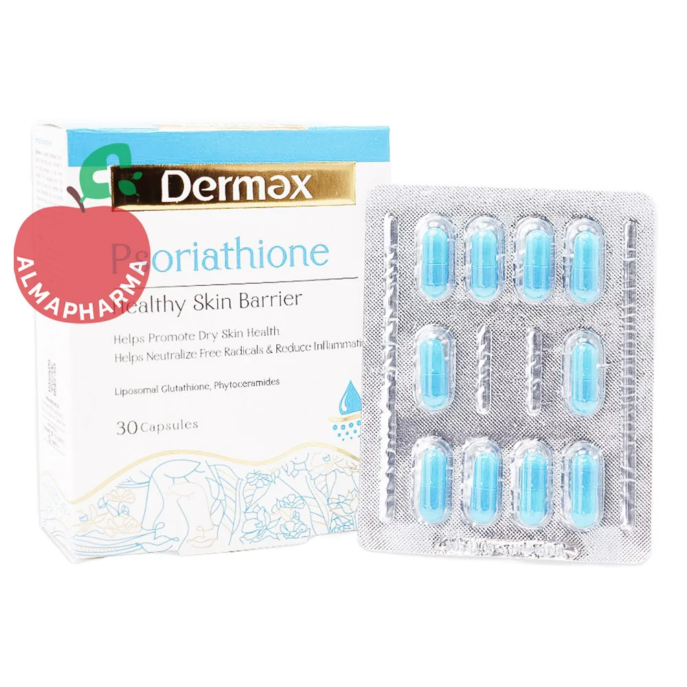 Dermax-Soriation-Capsules-(2)-almapharma نمای جلویی کپسول سوریاتیون درمکس 30 عددی حاوی گلوتاتیون لیپوزومال و فیتوسرامید برای پوست خیلی خشک