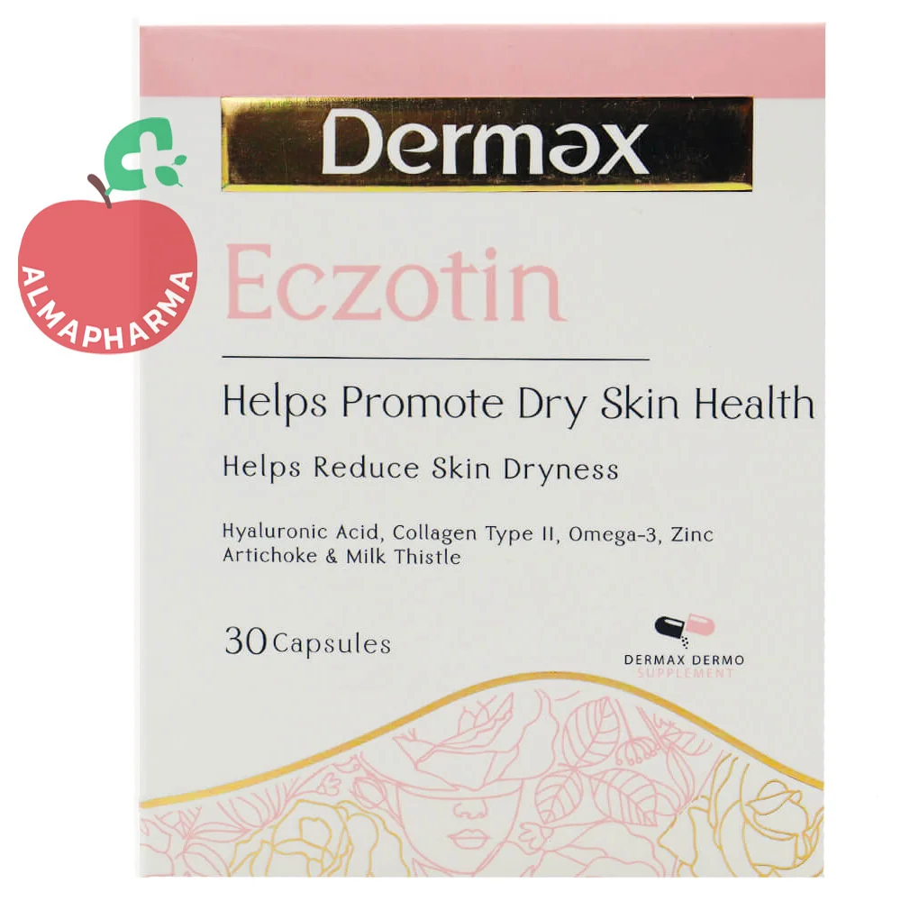 Dermax-eczotin-Capsules-(2)-almapharma نمای جلویی کپسول اگزوتین درمکس 30 عددی مناسب پوست خشک و اگزمایی
