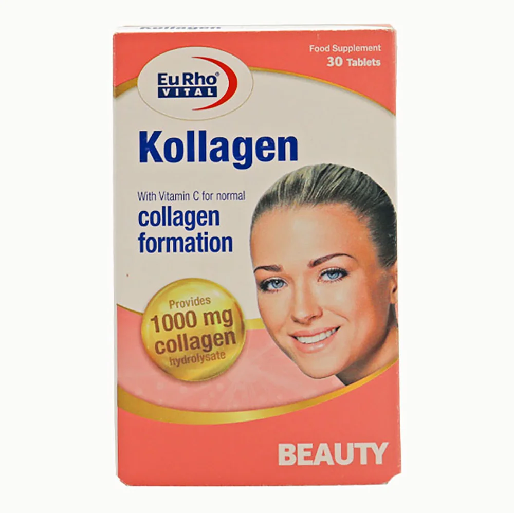 Eurho-Vital-Collagen-1000-Tablets-almapharma نمای جلویی قرص کلاژن 1000 یوروویتال با ویتامین C بسته 30 عددی حاوی کلاژن هیدرولیزات ماهی