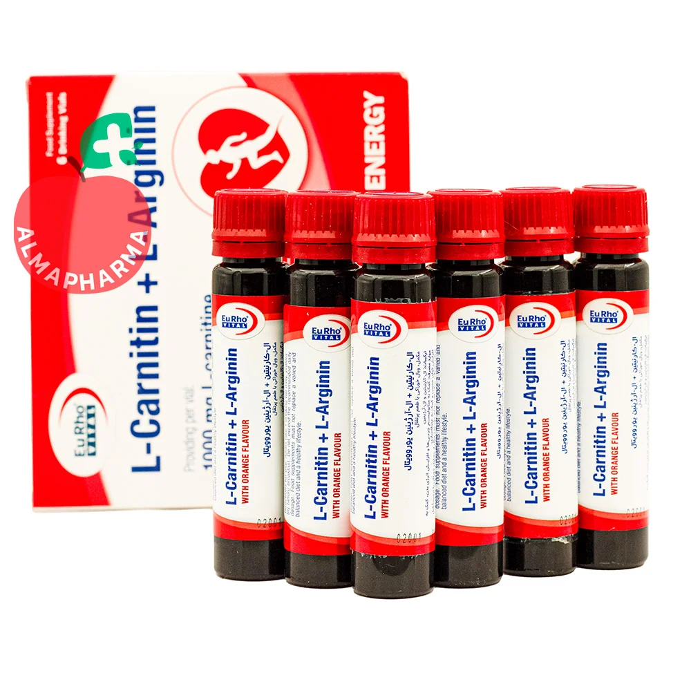 Eurho-Vital-L-Carnitine-L-Arginine-Oral-Vial-almapharma نمای جلویی ویال ال کارنیتین و ال آرژنین یوروویتال 6 عددی با طعم پرتقال