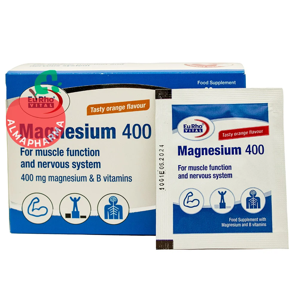 Eurho-Vital-Magnesium-400-Sachets-30-Pcs-(2)-almapharma نمای جلویی ساشه منیزیم 400 یوروویتال 30 عددی با طعم پرتقال برای گرفتگی عضلات و سلامت سیستم عصبی