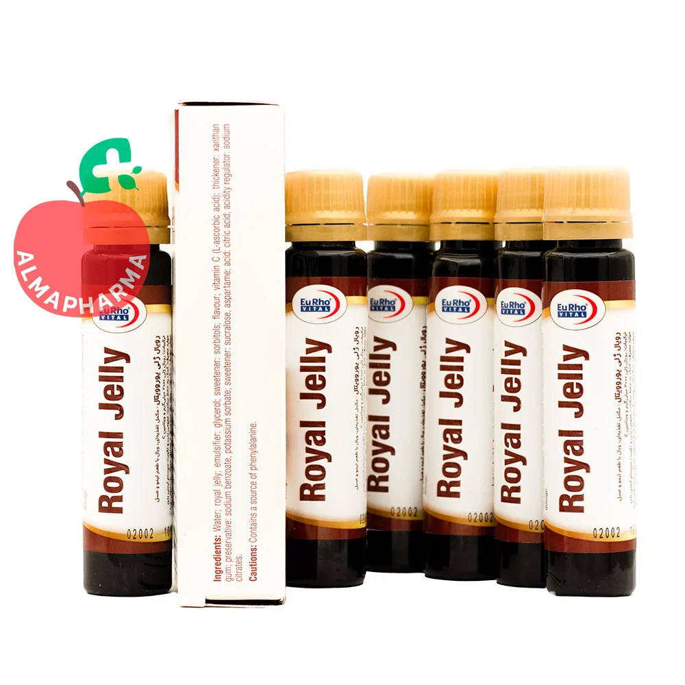 Eurho-Vital-Royal-Jelly-Oral-Vial-almapharma نمای جلویی ویال خوراکی رویال ژلی یوروویتال 6 عددی با طعم لیمو و عسل برای تقویت سیستم ایمنی