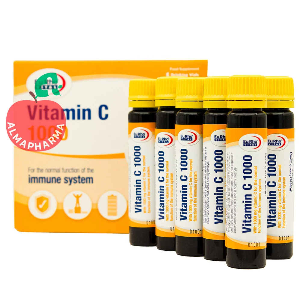 Eurho-Vital-Vitamin-C-1000-mg-Oral-Vial-almapharma نمای جلویی ویال خوراکی ویتامین C 1000 یوروویتال 6 عددی با طعم پرتقال