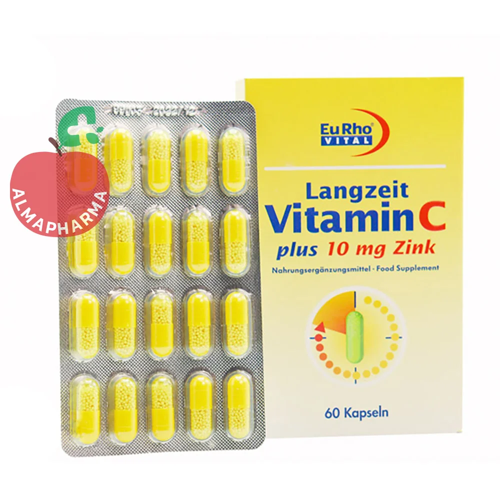 Eurho-Vital-Vitamin-C-and-Zinc-Capsules-almapharma نمای جلویی ویتامین سی پلاس زینک پلاس یوروویتال 60 عددی حاوی ویتامین C 300 میلی گرم و زینک 10 میلی گرم