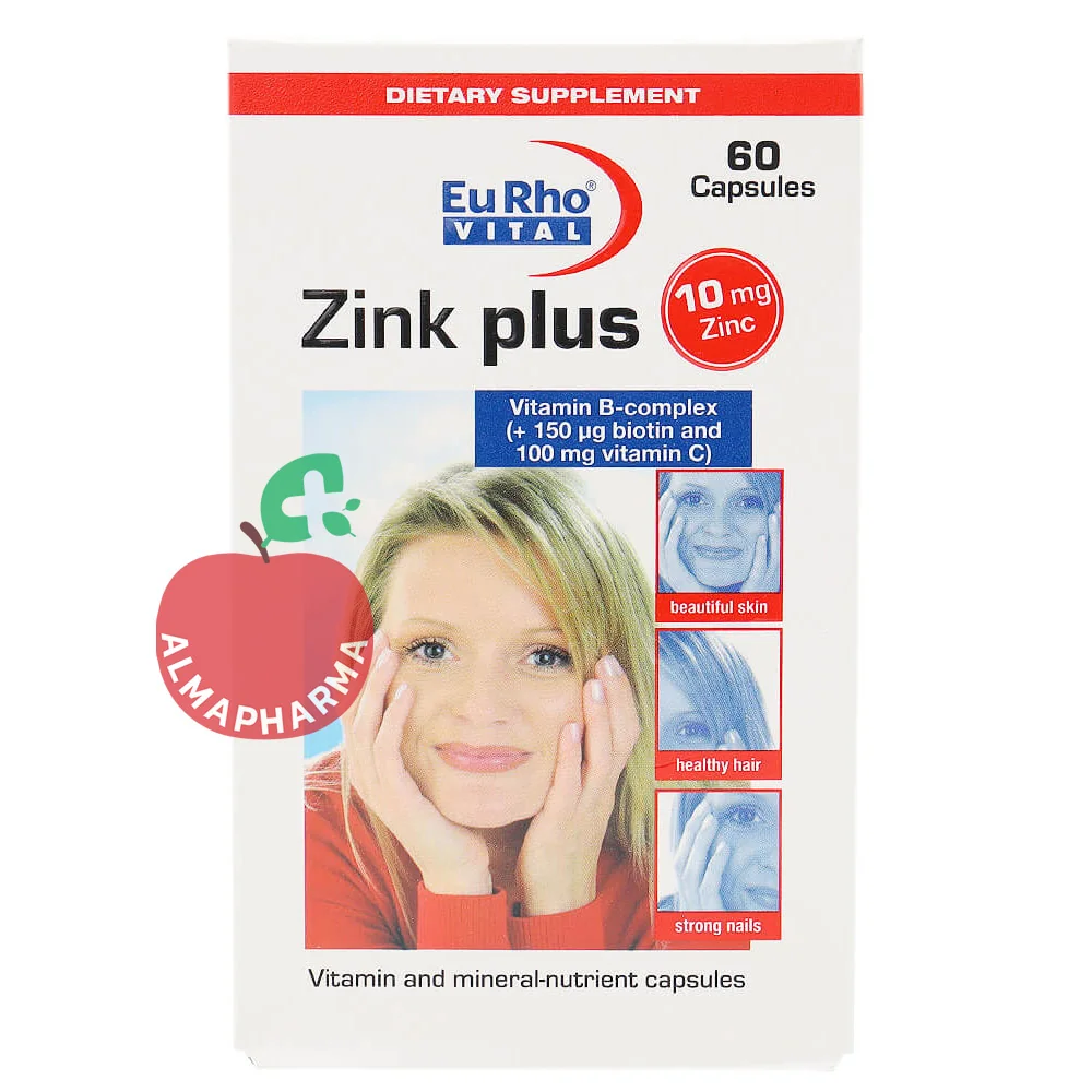 Eurho-Vital-Zinc-Plus-Capsules-almapharma نمای جلویی قرص زینک پلاس ب کمپلکس یوروویتال حاوی 10 میلی گرم زینک سیترات و ویتامین های گروه B