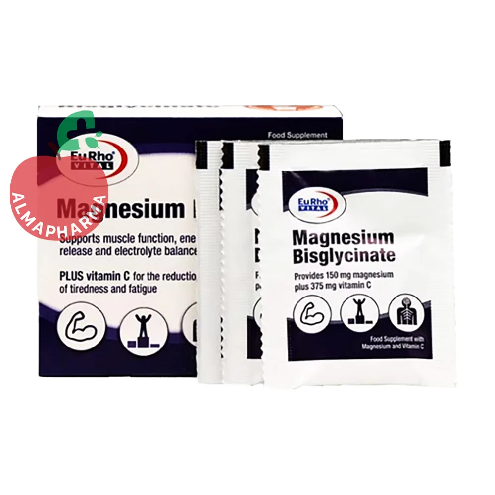 Eurhovital-Magnesium-Bisglycinate---14-sachets-almapharma نمای پشتی ساشه منیزیم بیس گلیسینات یوروویتال با اطلاعات منیزیم 150 میلی گرم، ویتامین C و نحوه مصرف