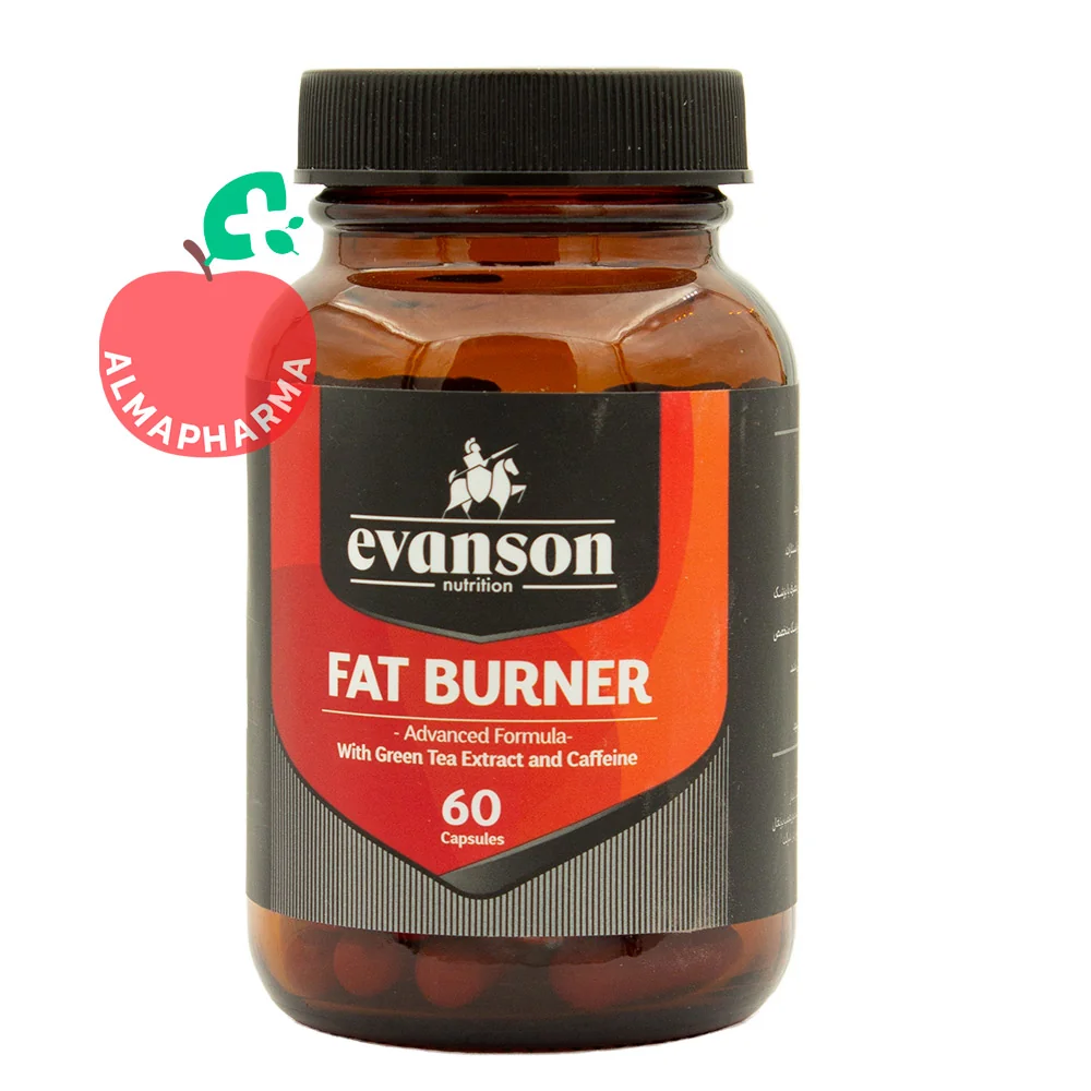 Evanson-Fat-Burner-almapharma نمای جلویی کپسول فت برنر اونسن ۶۰ عددی حاوی عصاره چای سبز و کافئین