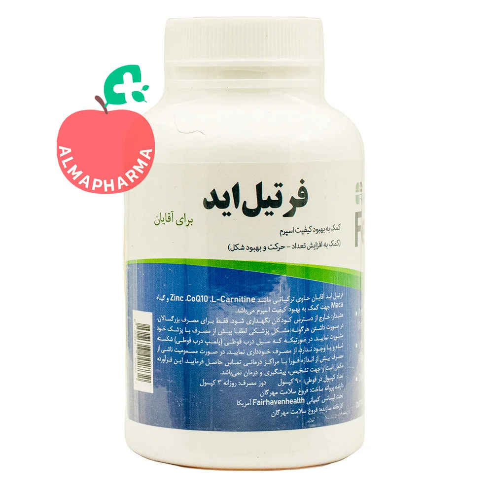 Fairhaven-Health-FertilAid-for-Men-Capsules-(2)-almapharma نمای پشتی کپسول فرتیل اید مردان با اطلاعات ال کارنیتین، کوآنزیم Q10، ماکا، جینسینگ آسیایی، زینک، سلنیوم و آنتی اکسیدان ها