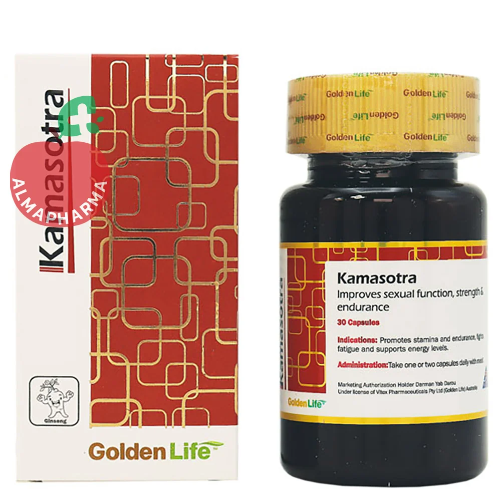 Golden-Life-Kamasotra-Capsules-almapharma نمای جلویی کپسول کاماسوترا گلدن لایف 30 عددی حاوی جینسینگ کره ای و جینسینگ سیبری
