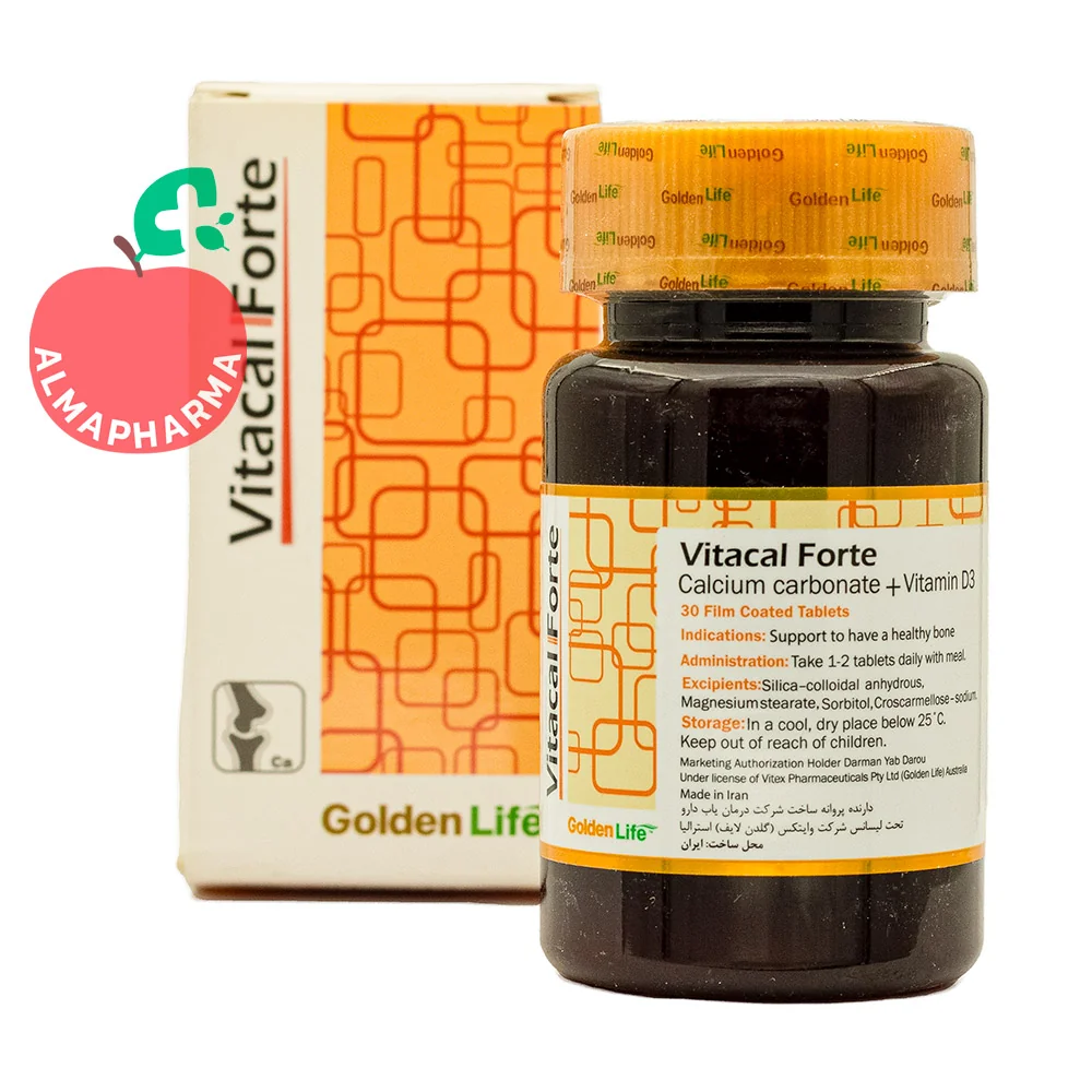 Golden-Life-Vitacal-Forte-Tablets-almapharma نمای جلویی قرص ویتاکل فورت گلدن لایف حاوی کلسیم، ویتامین D3 و ویتامین K1 برای سلامت استخوان