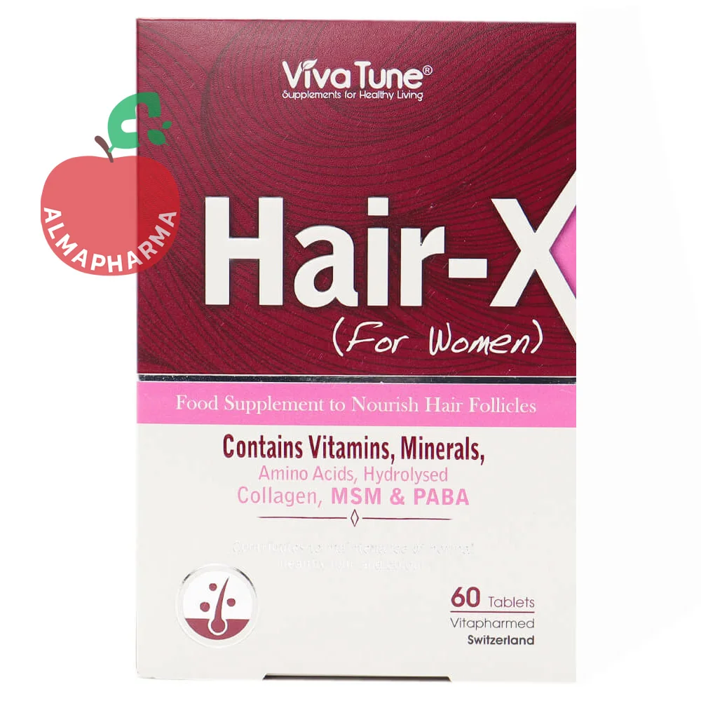 Hair-X-Tablets -almapharma نمای جلویی قرص هیر ایکس بانوان ویواتیون بسته 60 عددی برای تقویت مو و حفظ رنگ طبیعی مو