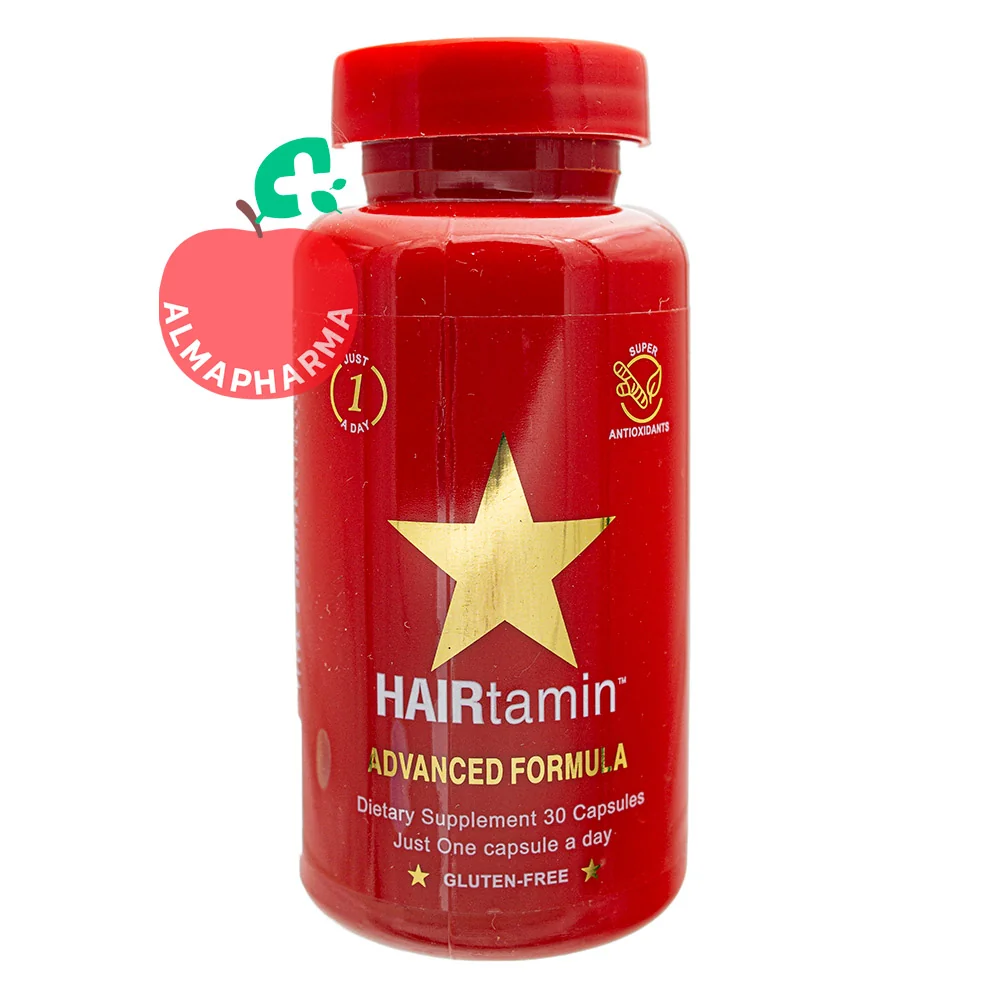 Hairtamin-Capsules-almapharma نمای جلویی کپسول هیرتامین ادونس فرمولا مکمل تقویت مو حاوی ترکیبات گیاهی و بیوتین