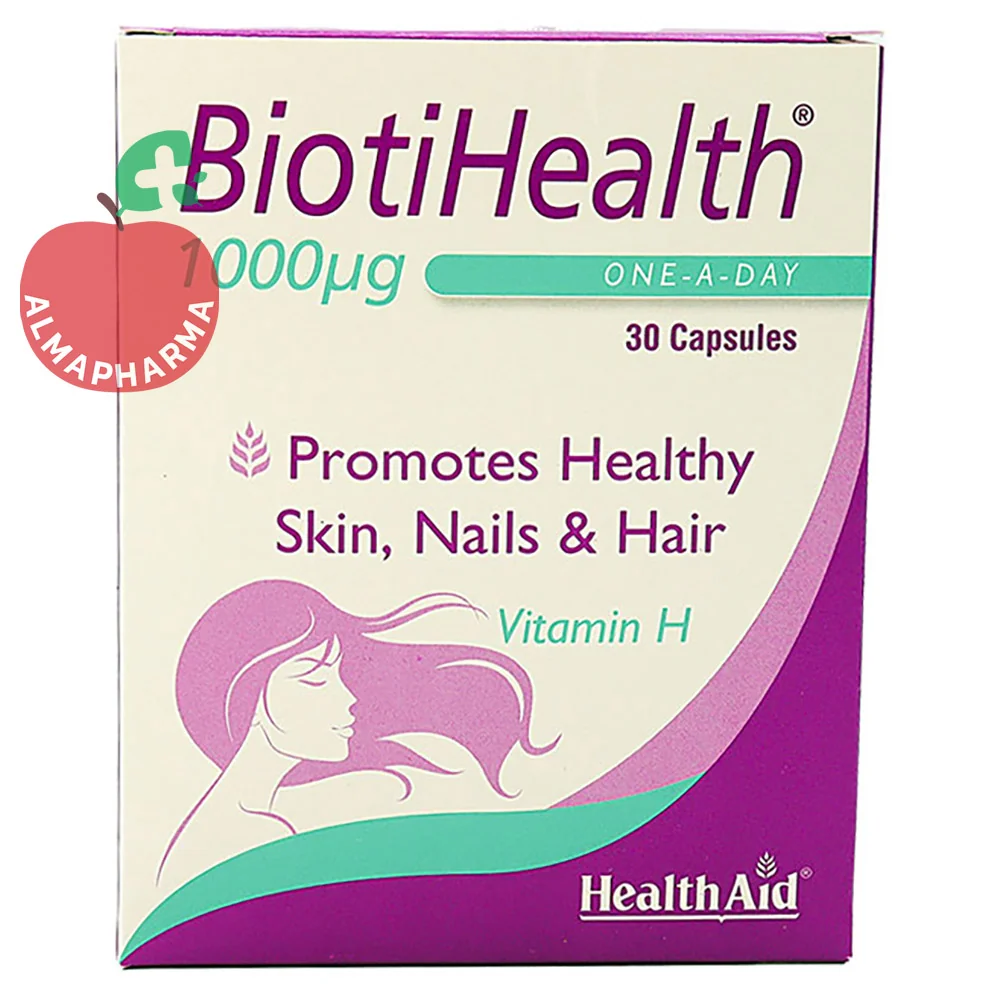 HealthAid-Bioti-Health-1000-mcg-Capsules-almapharma نمای جلویی کپسول بیوتی هلث 1000 میکروگرم 30 عددی مکمل بیوتین برای پوست مو و ناخن