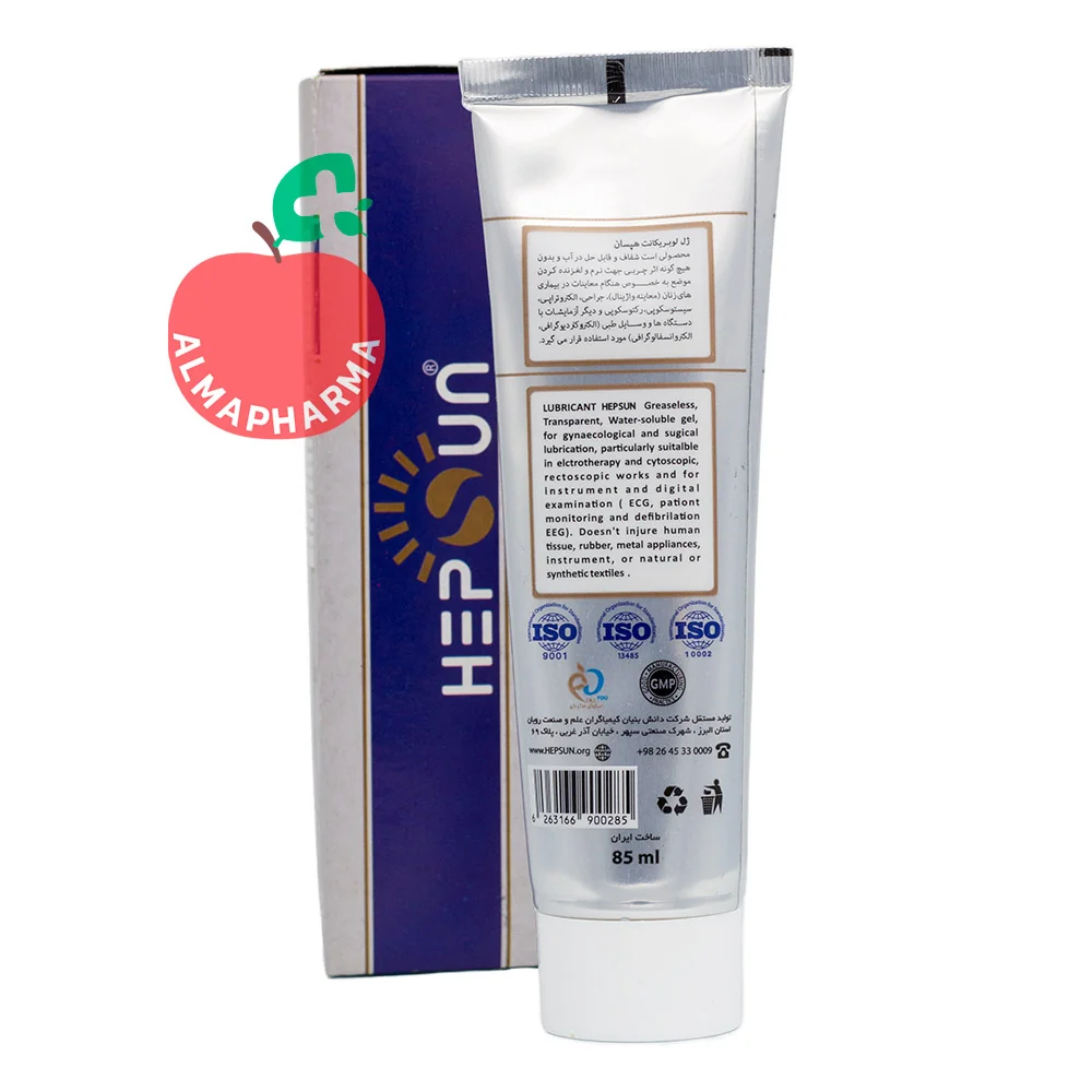 Hepsun-Lubricant-Gel-85-ml-almapharma نمای پشتی ژل روان کننده هپسان با اطلاعات کاربرد در رابطه زناشویی، معاینات پزشکی و ترکیبات محصول