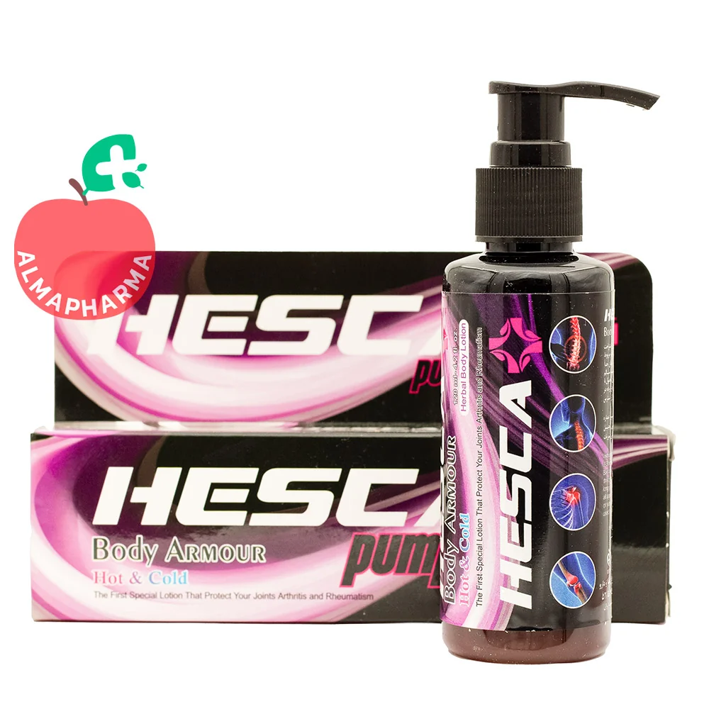 Hesca-Pain-Relief-Body-Massage-Lotion-almapharma نمای جلویی لوسیون ضد درد گرم و سرد هسکا برای تسکین دردهای عضلانی و مفصلی