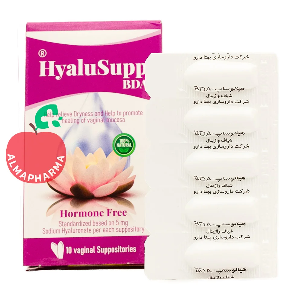 Hyalusupp-Vaginal-Suppositories-almapharma نمای پشتی شیاف واژینال هیالوساپ با اطلاعات هیالورونیک اسید، خشکی واژن، نحوه مصرف و هشدارهای محصول