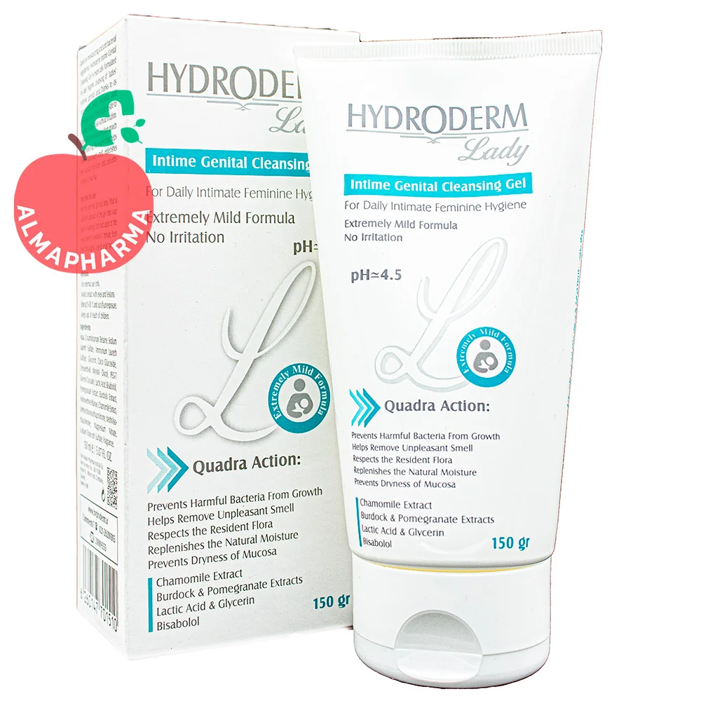 Hydroderm-Feminine-Wash-Gel-almapharma نمای جلویی ژل بهداشتی بانوان هیدرودرم 150 میلی لیتر فاقد صابون الکل و پارابن