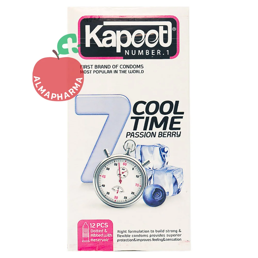 Kapoot-7-Cool-Time-Condoms-almapharma نمای جلویی کاندوم تاخیری کاپوت مدل 7 Cool Time تعداد 12 عدد با رایحه بلوبری، خاصیت خنک کننده و لوبریکانت مضاعف