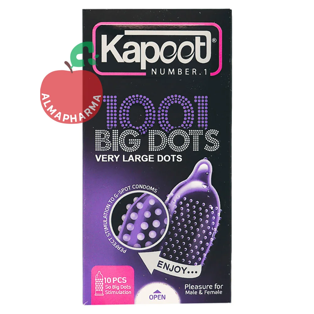 Kapoot-Big-Dots-Condoms-almapharma نمای جلویی کاندوم کاپوت مدل بیگ داتس با 1001 خار درشت، ماده روان کننده و منبع ذخیره