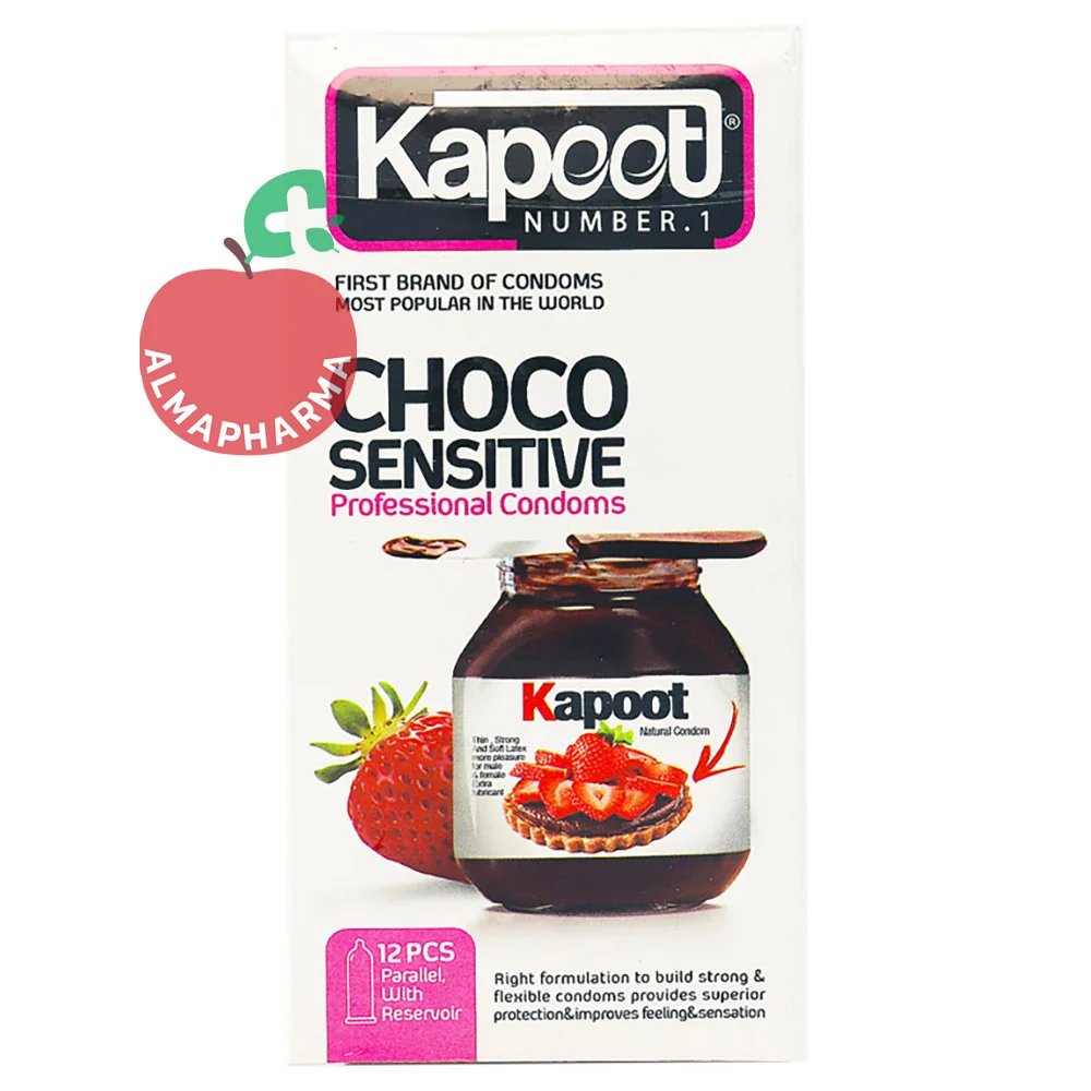 Kapoot-Chocolate-Classic-Condoms-almapharma نمای جلویی کاندوم ضد حساسیت نوتلا کاپوت 12 عددی با رایحه شکلاتی، لوبریکانت مرطوب و ماده تاخیری