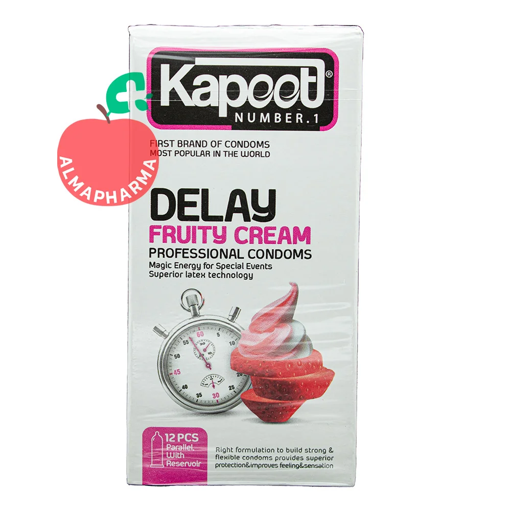 Kapoot-Fruity-Cream-Delay-Condoms-12-Pcs-almapharma نمای جلویی کاندوم تاخیری کاپوت مدل Delay Fruity Cream تعداد 12 عدد با رایحه میوه ای خنک و لوبریکانت مخصوص