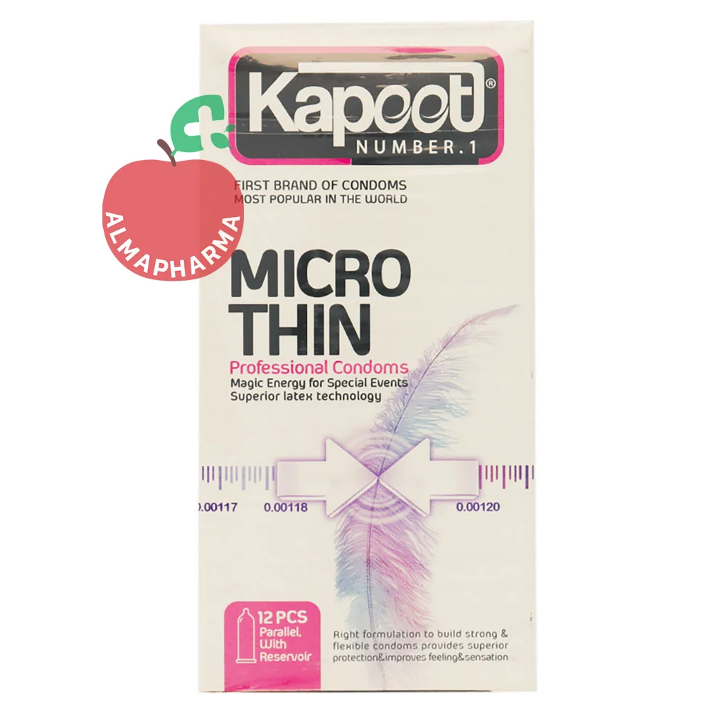 Kapoot-Microthin-Condoms-almapharma نمای جلویی کاندوم کاپوت مدل Micro Thin تعداد 12 عدد با لاتکس فوق نازک، لوبریکانت مضاعف و رایحه بلوبری
