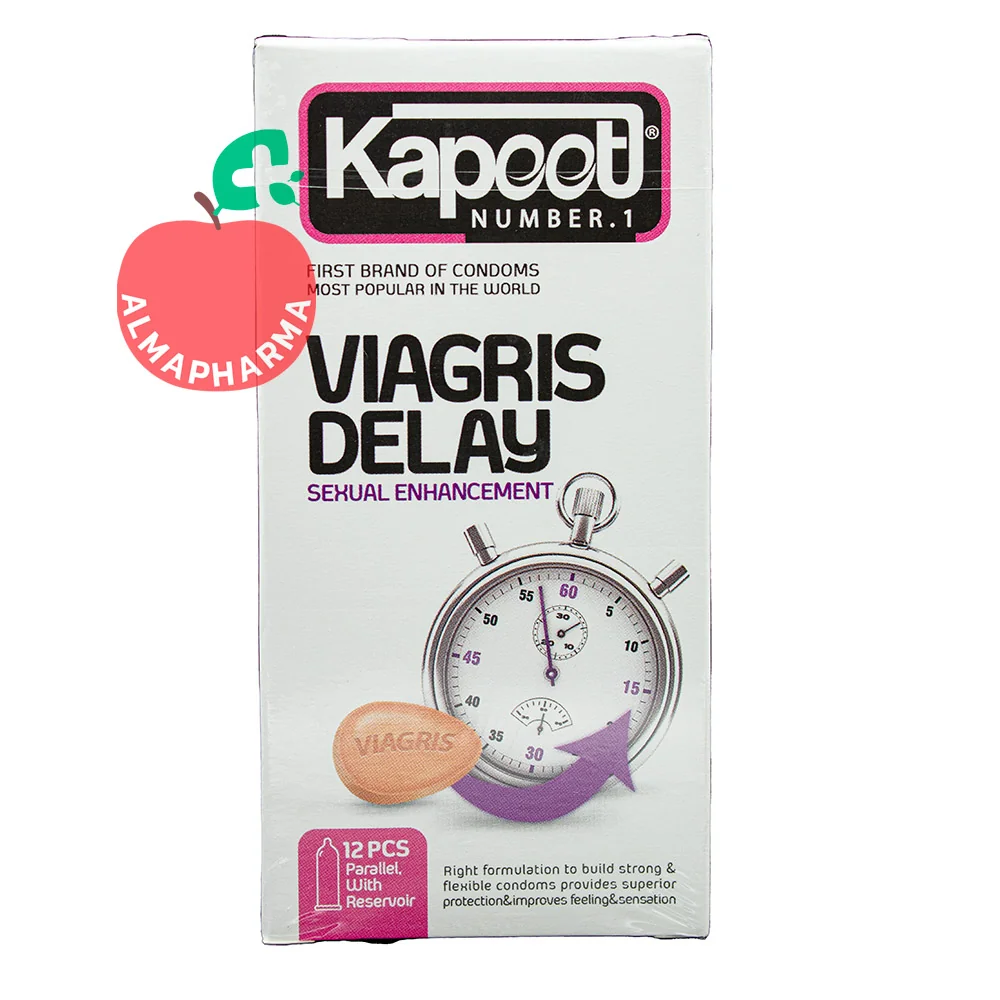 Kapoot-Viagris-Delay-Condoms-12-Pcs-almapharma نمای جلویی کاندوم کاپوت مدل Viagris Delay تعداد 12 عدد با حس گرما، ماده تاخیری و لوبریکنت حاوی نیاسین و ال آرژنین