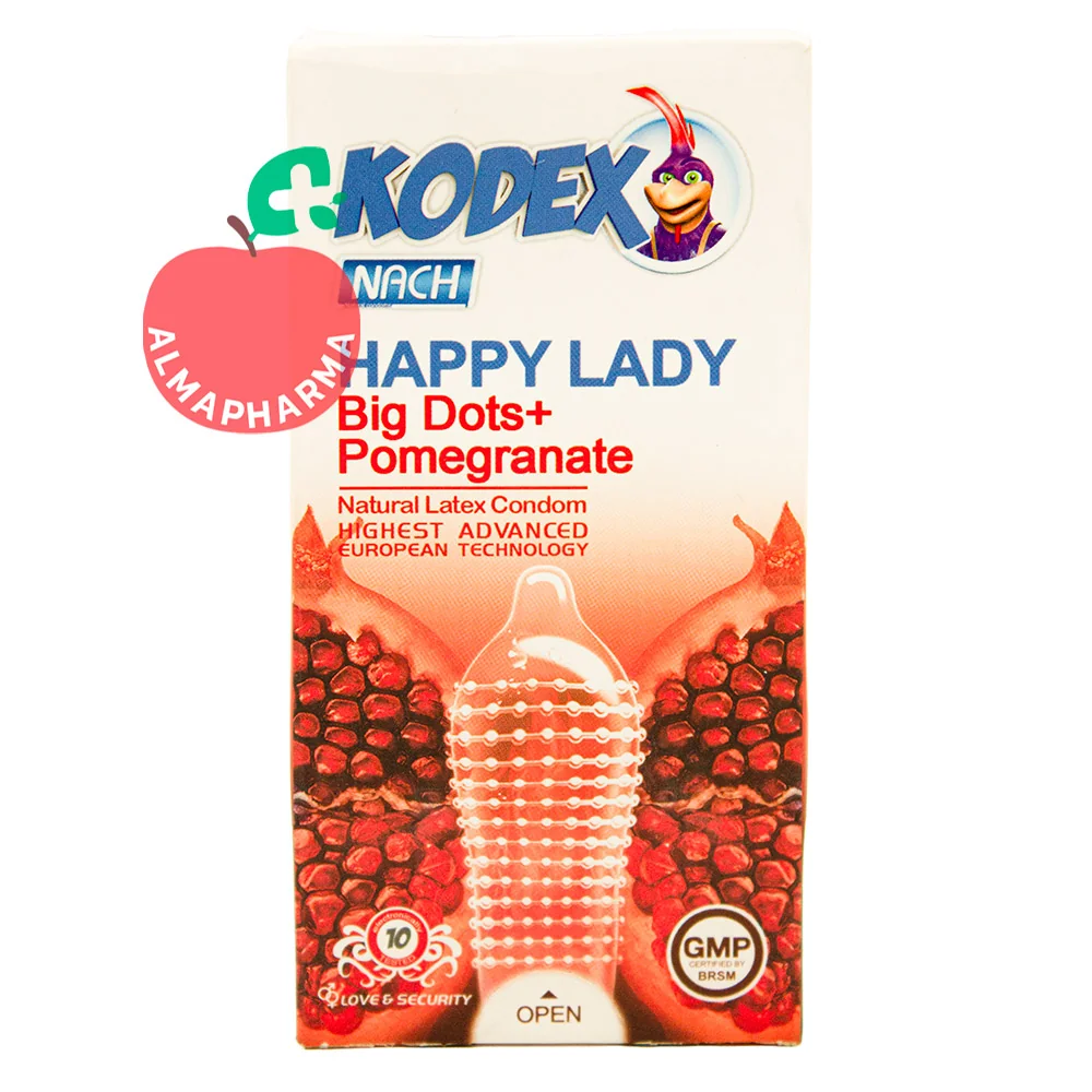 Kodex-Happy-Lady-Condoms-almapharma نمای جلویی کاندوم خاردار کدکس مدل هپی لیدی 10 عددی با رایحه انار، خارهای درشت و لوبریکانت بادوام