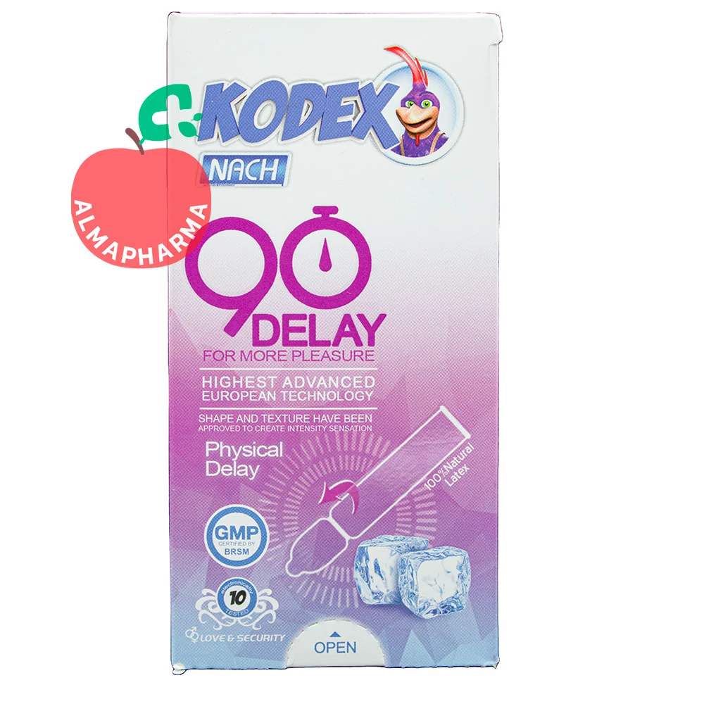 Kodex-Nachki-90-Minutes-Double-Delay-Condoms-almapharma نمای جلویی کاندوم تاخیری 90 دقیقه دیلی کدکس 10 عددی با رینگ مخصوص، بنزوکائین و لاتکس طبیعی